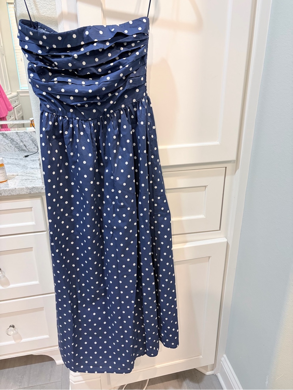 Needii boutique Navy and White Polka Dot Strapless Midi Skirt